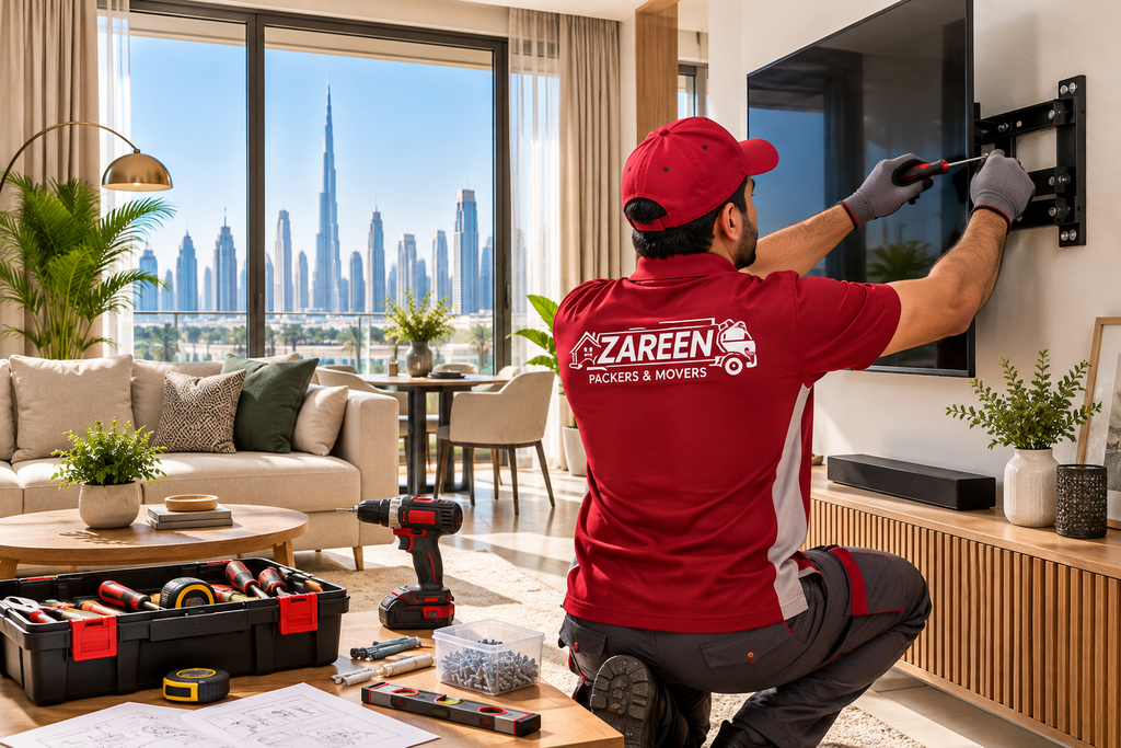 Handyman services in Dubai fixing a flat-screen TV to a wall mount in a living room with the city skyline behind them