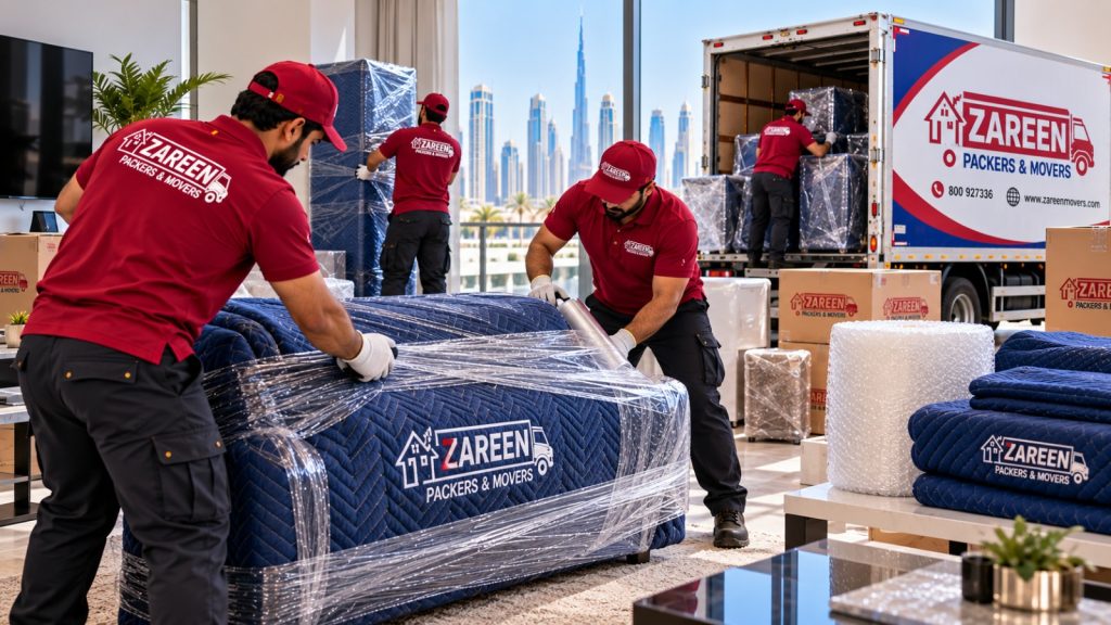 Movers wrapping a sofa with protective blankets and stretch film
