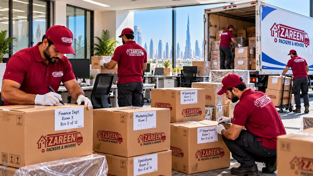 Movers labelling moving boxes with department and room numbers during an office move while colleagues load boxes into a branded truck, with the Dubai skyline behind them