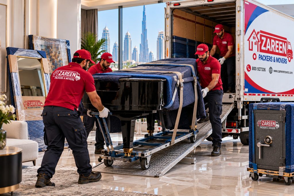 Furniture movers in Dubai loading a padded grand piano into a truck beside wrapped artwork and mirrors