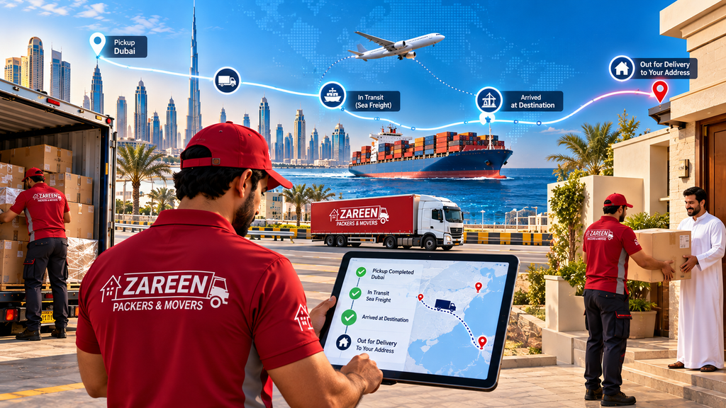 Mover holding a tablet showing a shipment tracking journey from pickup in Dubai to out for delivery, with a container ship, an aircraft, a branded truck and the Dubai skyline behind