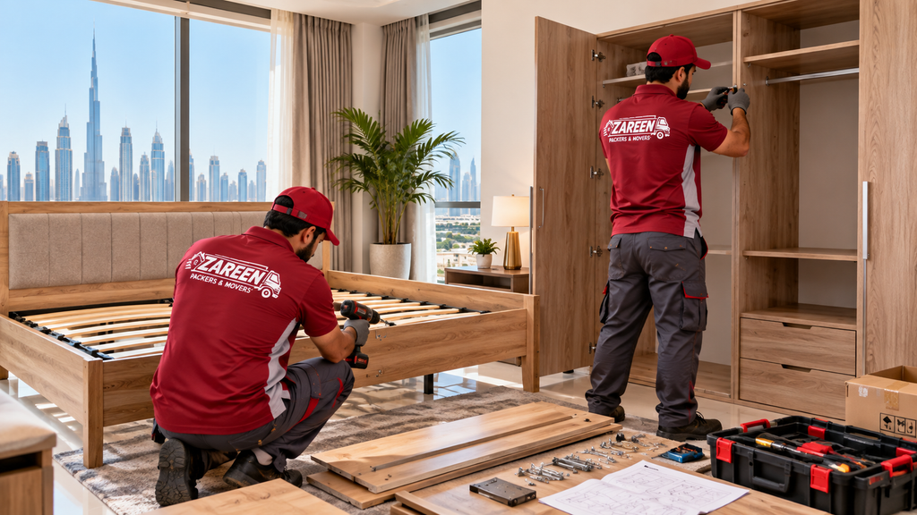 Technicians assembling a wooden bed frame and wardrobe in a Dubai bedroom with the city skyline behind them