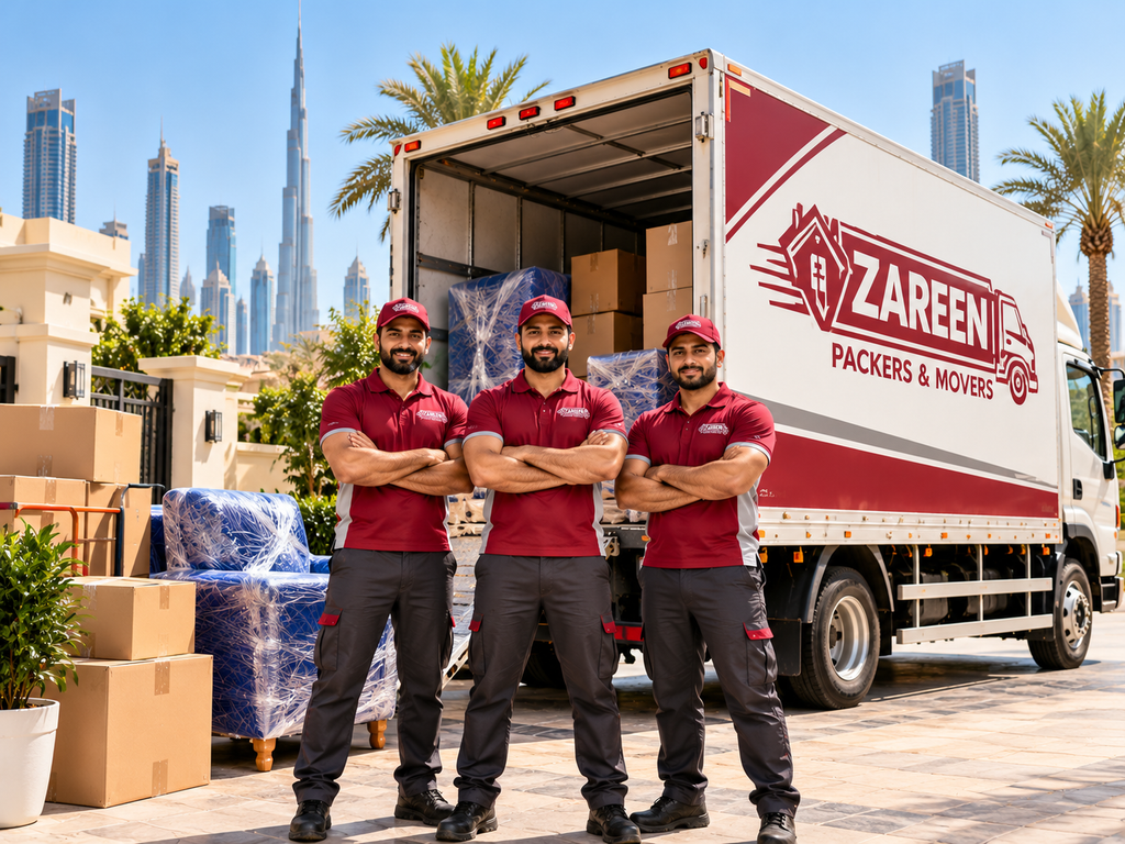 Trained moving crew in red uniforms standing in front of a branded truck with packed boxes