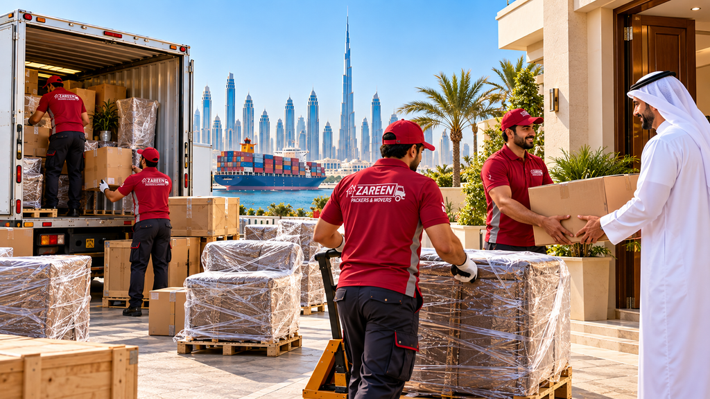 Movers unloading wrapped furniture and handing a moving box to a client at a villa entrance, with a container ship and the Dubai skyline behind them