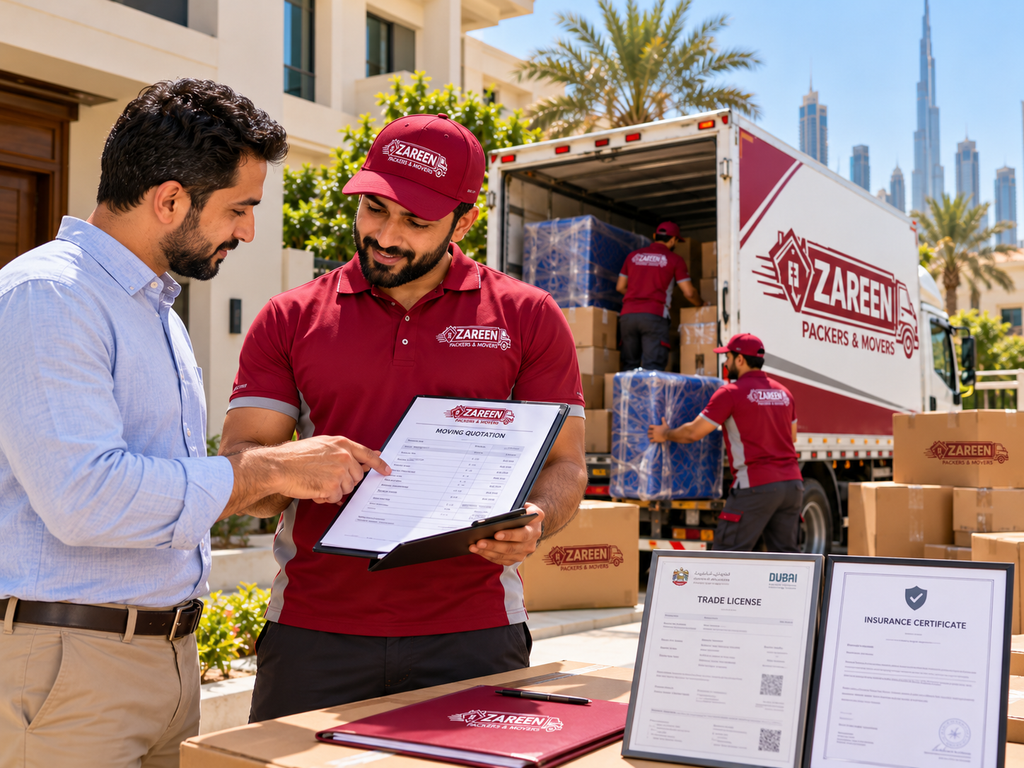 Mover showing licensing and insurance documents to a customer beside a branded truck