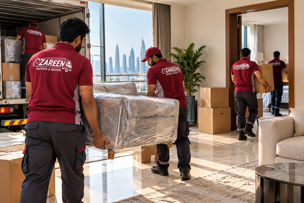 Home movers in Dubai carrying wrapped furniture into a Dubai apartment during a house move