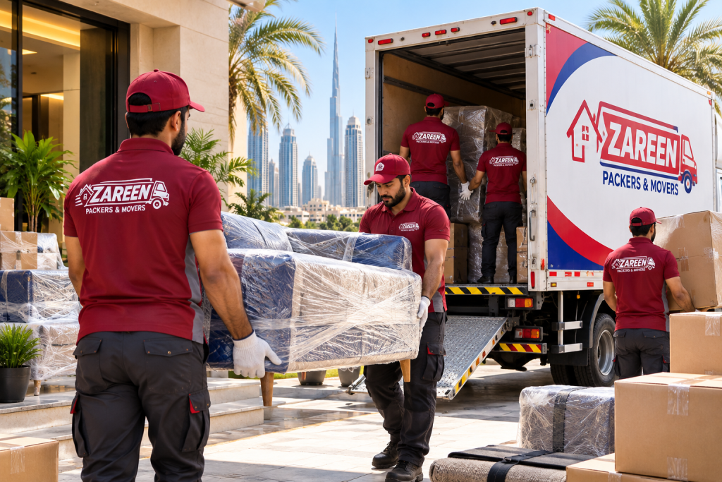 Apartment movers in Dubai loading shrink-wrapped furniture into a truck with the Dubai skyline behind them