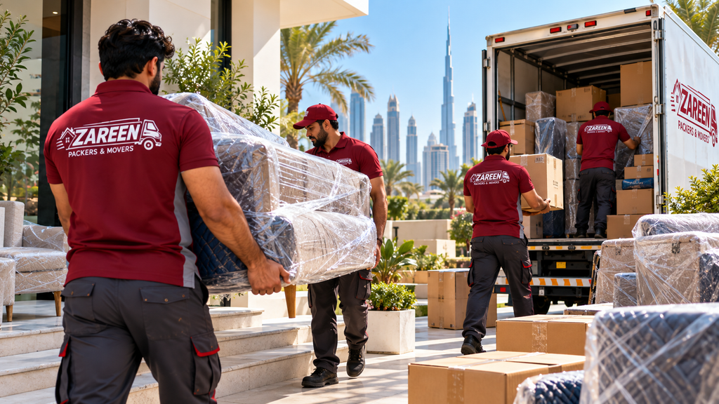 Movers in Dubai loading shrink-wrapped furniture into a moving truck on a driveway with the city skyline behind them