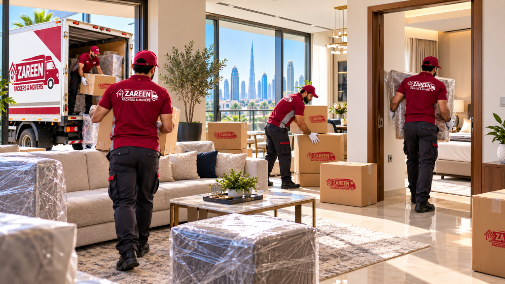 Movers unloading wrapped furniture into a luxury apartment living room in Dubai