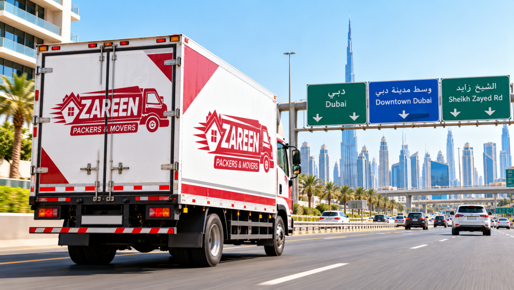 A red moving truck driving on a Dubai highway with the city skyline behind it