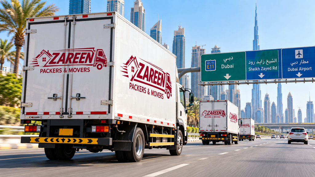 Moving trucks driving in a convoy on a Dubai highway with green road signs