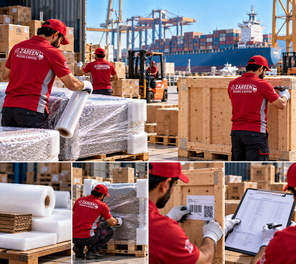 Collage of movers wrapping furniture in stretch film, sealing a wooden export crate, attaching a shipping label and checking a packing list at a container port with a cargo ship behind them