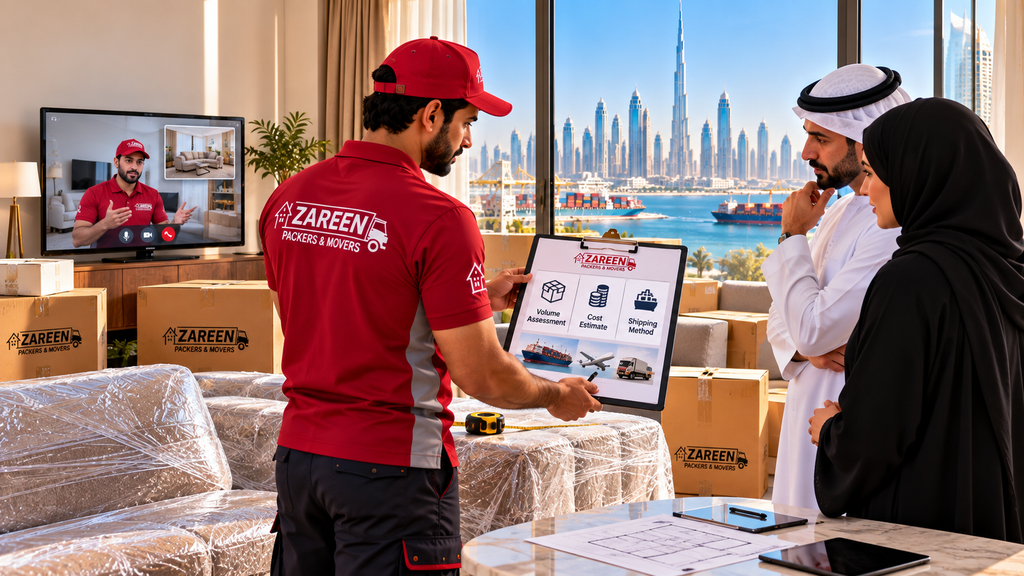 Moving consultant presenting a volume assessment, cost estimate and shipping method chart to a couple during a home survey in a Dubai apartment with the port and city skyline behind them