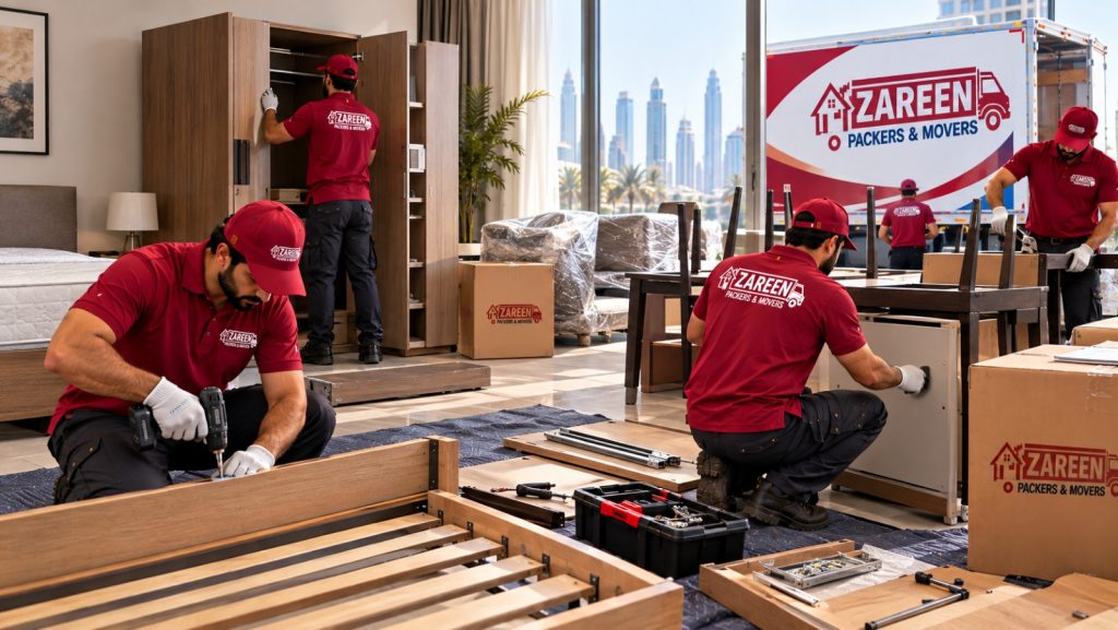 Furniture movers in Dubai dismantling a wardrobe and chairs during a furniture move