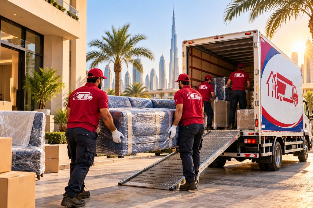 Furniture movers in Dubai wrapping a large sofa in stretch film beside a truck on a sunny day