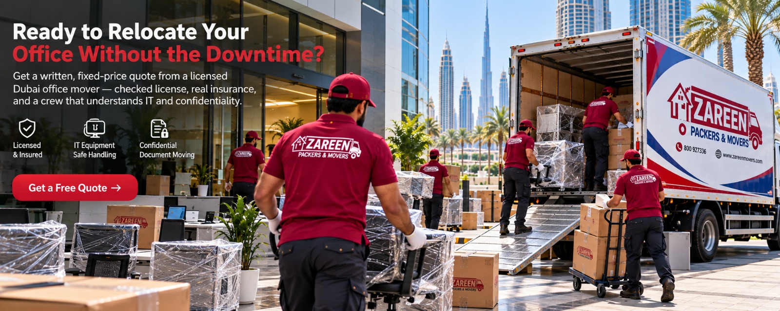 Movers and packers in Dubai loading wrapped office equipment, chairs and boxes into a branded truck outside a glass office tower with the Dubai skyline behind them