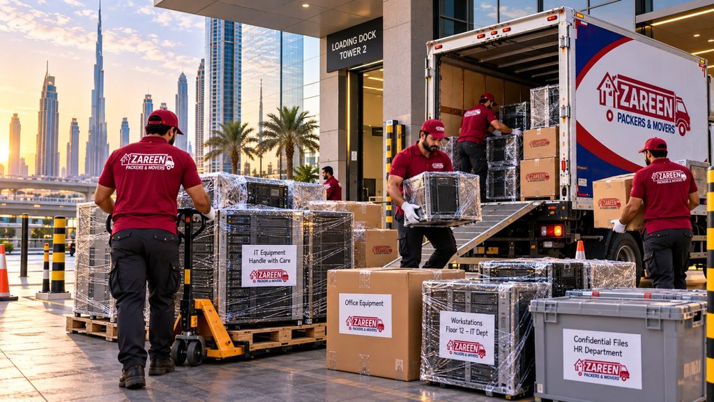 Movers loading shrink-wrapped IT servers and labelled office equipment boxes into a branded truck at a tower loading dock, with the Dubai skyline and Burj Khalifa behind them