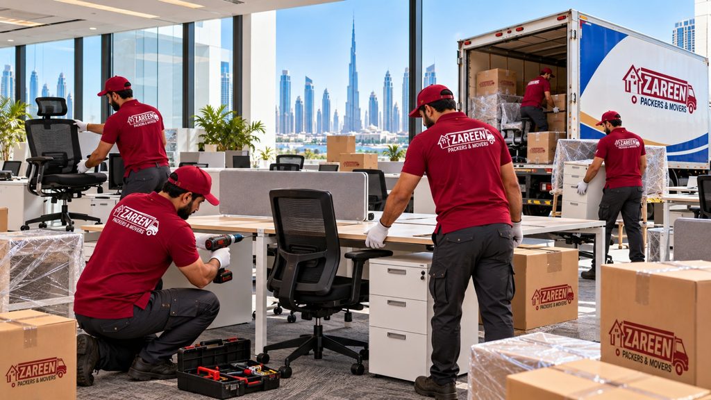 Office movers in Dubai dismantling office desks and workstations and loading office chairs and filing cabinets into a branded truck with the Dubai skyline behind them
