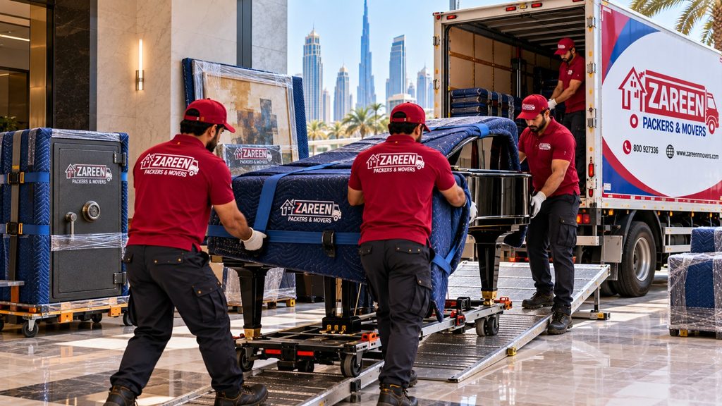 Movers moving a shrink-wrapped piano with protective blankets near a truck
